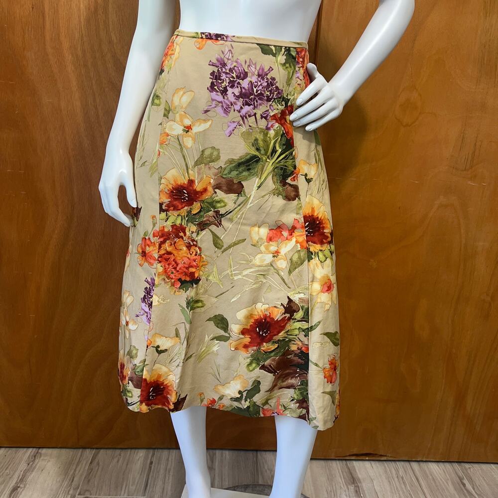 Talbots Women's 10 Floral Midi Skirt Silk Wool Blend A-Line Lined Zip